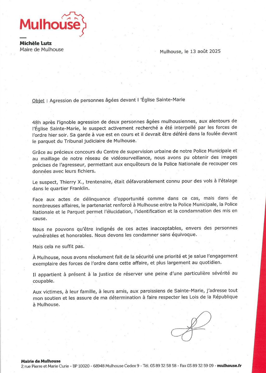 Agression de personnes âgées devant l’église Ste Marie : ma réaction suite à l’interpellation du suspect.
