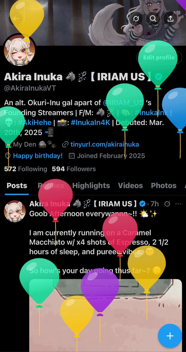 AkiraInukaVT's tweet photo. Well.. The day is officially here everywan-! My first ever Twibber Balloon Day~!! 🎈

Here’s to being wan moon older.. OW OW AWOO-HOO~! 🥳💞 https://t.co/Cs5uCafwVr