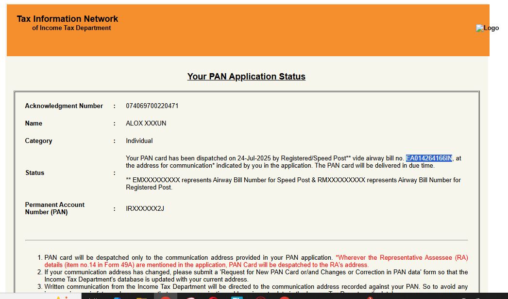 nasirrda's tweet photo. @ProteanEgovTech @IncomeTaxIndia @IndiaPostOffice My client, a foreign individual, applied for a PAN card (Acknowledge # 074069700220471. The card was dispatched on 24-Jul-2025 via Registered/Speed Post (Airway Bill # EA014264166IN), but has not been received yet. Please assist. https://t.co/Lm0paivEBP