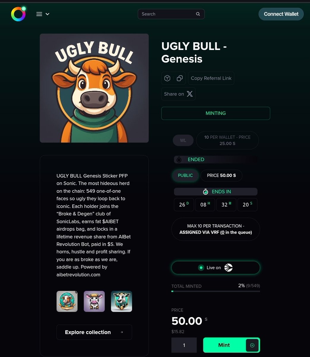 Ugly Bull holders will get a fat airdrop of $AIBET token and lifetime access to profit shares..

Don't miss your chance $S family 🫡 

MINT YOURS HERE: 
launchpad.paintswap.io/drops/31

26 days left...