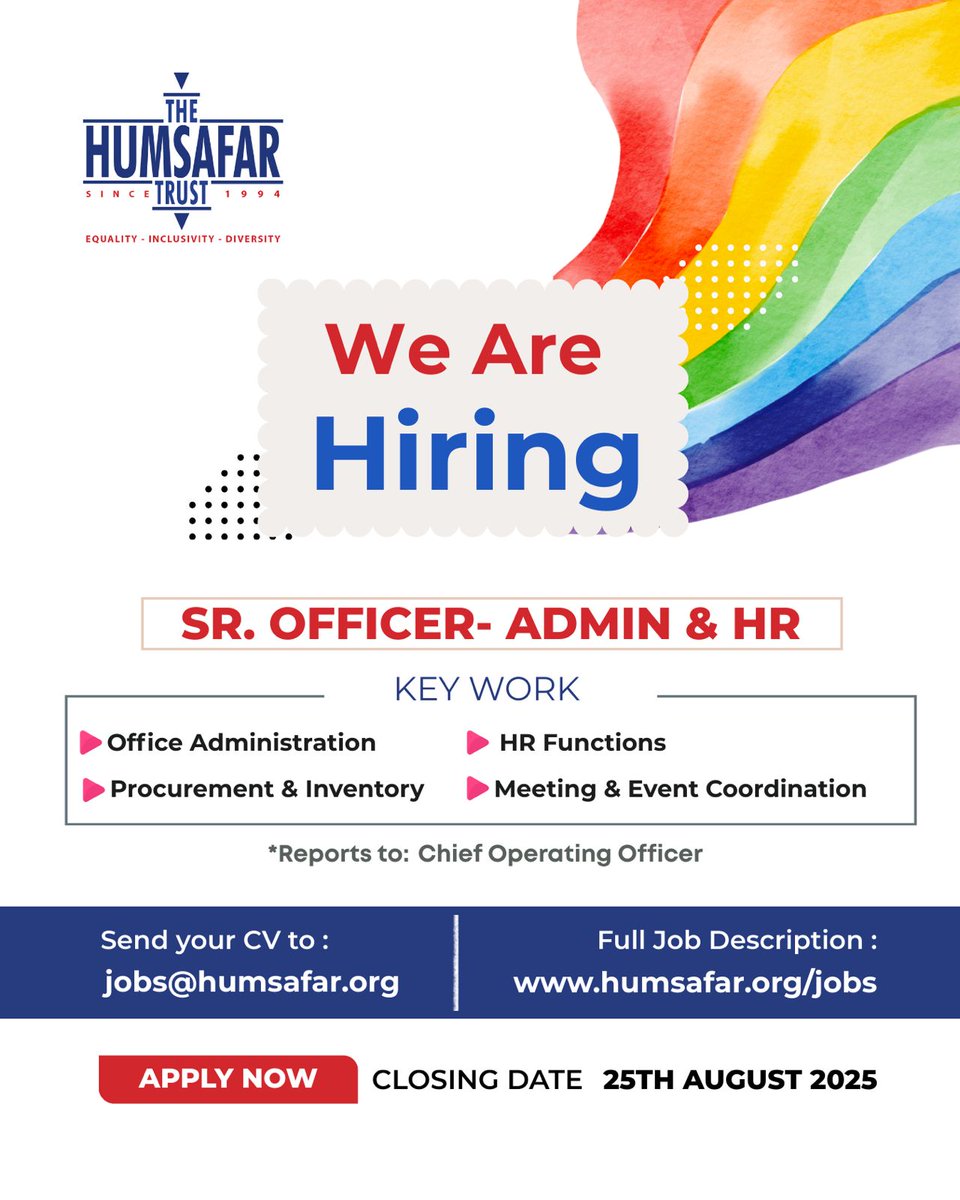 HumsafarTrust's tweet image. Hiring Alert: Join The Humsafar Trust as a SR. Officer - Admin &amp;amp; HR

We are looking for a SR. Officer - Admin &amp;amp; HR at our Mumbai office. For more information check out - humsafar.org/jobs/sr-office…

#thehumsafartrust #jobsmumbai #hr