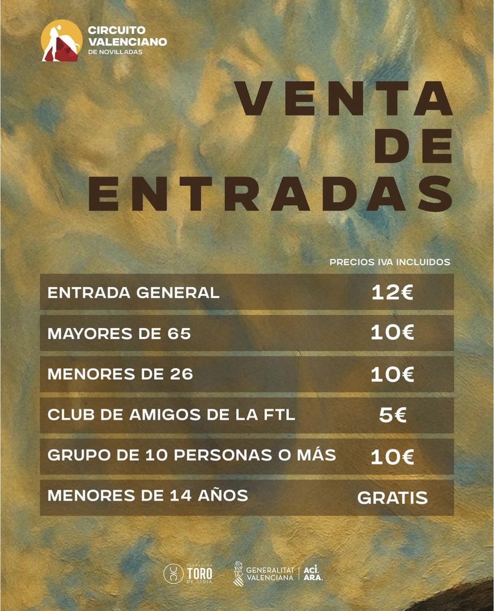 💥No hay mejor plan que ir a los toros…

Y ya si es 𝐆𝐑𝐀𝐓𝐈𝐒 mejor…🙌🏼

✨Si tienes menos de 14 años disfruta de este 𝐏𝐋𝐀𝐍𝐀𝐙𝐎

👉🏼 Deslía para ver todos los precios de las entradas 🎟️ 

#circuitovalencianodenovilladas💛