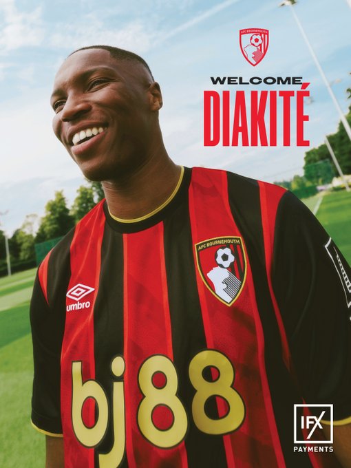 Welcome Diakité graphic of him being announced in the new AFC Bournemouth home kit.
