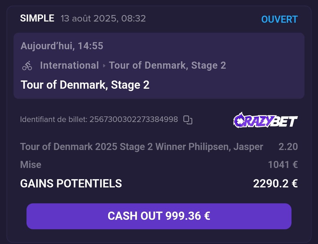 🇩🇰 Tour du Danemark • Étape 2 

🇧🇪Jasper Philipsen @ 2.20 • 2%

Grosse value à +17% ça vaut ~ 1.84

Meilleure cote ici : bit.ly/CrazyBetThomas

4 autres picks dans l'accès privé sur discord 👊🏻

Accessible gratuitement via affiliation

Vous suivez la team ? 🔥
#pndkr25 🇩🇰 |