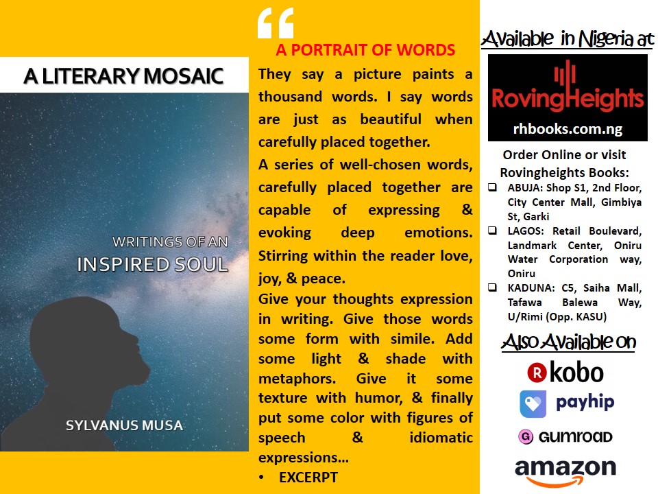 AmazingSly's tweet photo. Excerpts - A Portrait of Words. Light of the World 
#WritingsOfAnInspiredSoul #Rovingheights #Amazon #Gumroad #Payhip #Kobo https://t.co/iepkukrTup