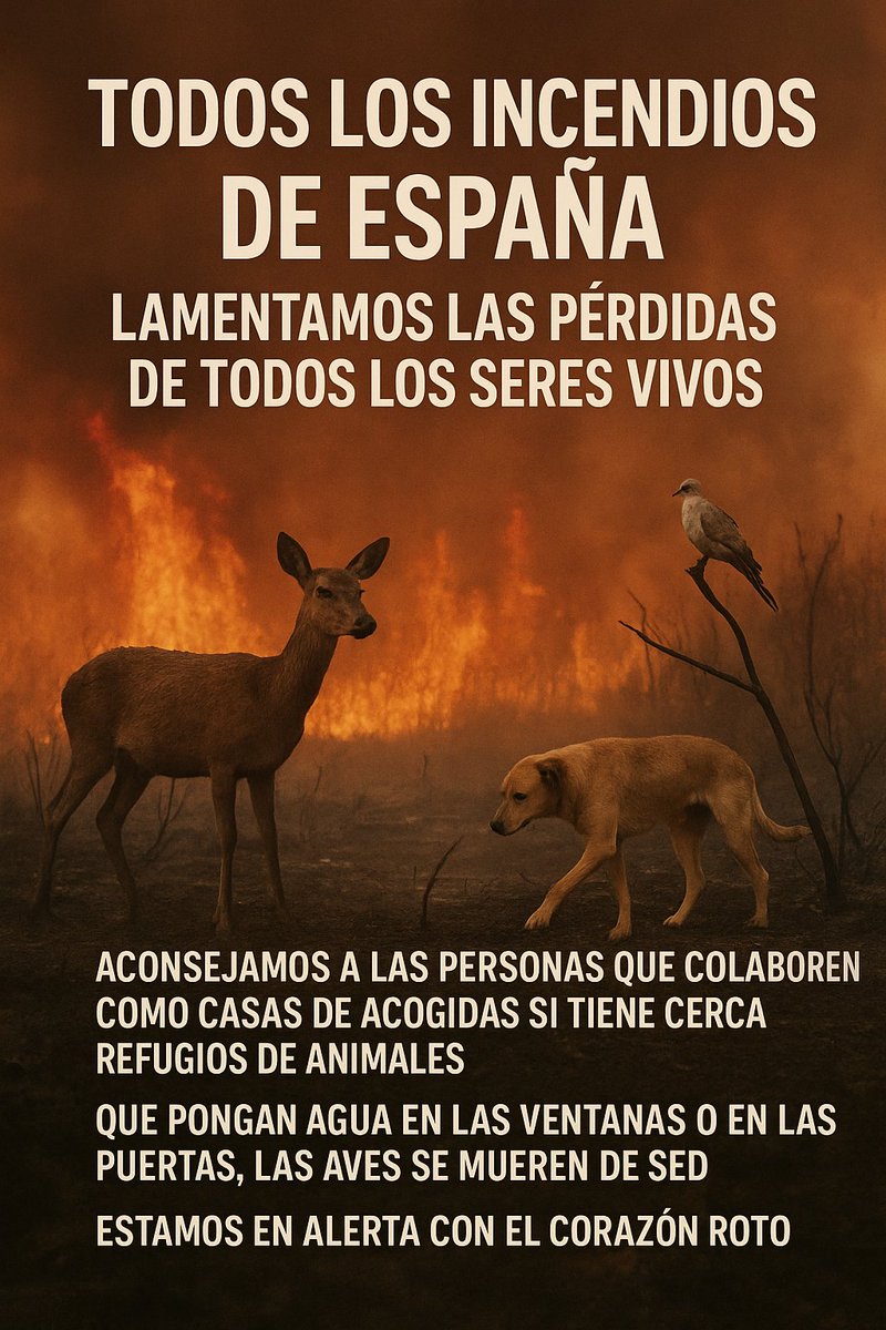 🔥💔 Incendios en España: miles de animales mueren atrapados o de sed.
🏠 Acoge si tienes un refugio cerca.
💧 Deja agua fuera para aves y fauna.
TODAS las vidas importan.
#EmergenciaAnimal #IncendiosEspaña #SOSAnimales