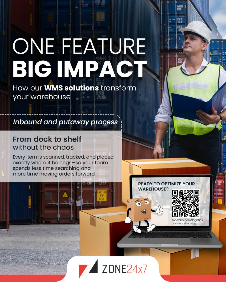 #Zone24x7's WMS solutions integrate with your systems to make inbound and putaway fast, guided, and stress-free.

✅ Faster receiving
✅ Accurate putaway
✅ Real-time updates

Talk to our experts today.

#InboundProcess #PutawayAutomation #WarehouseManagement #InventoryTracking