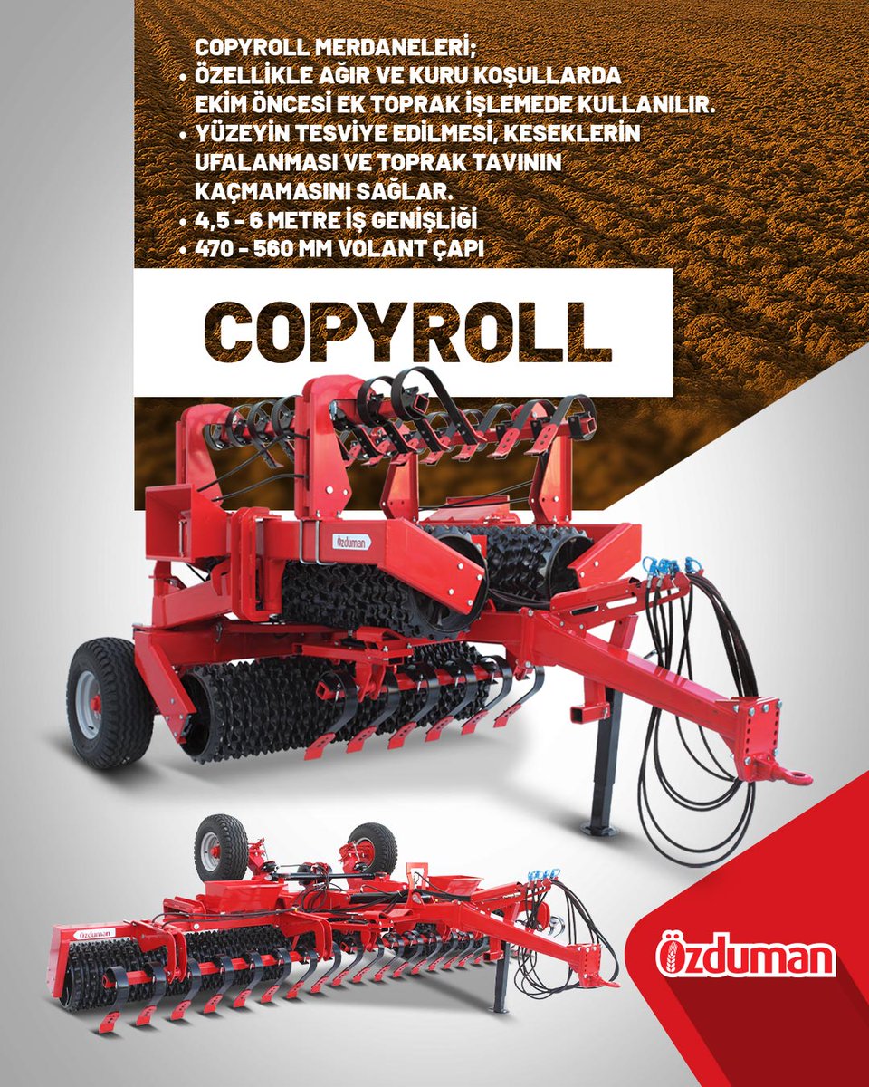 Özduman COPYROLL
Ağır ve kuru koşullarda, ekim öncesi etkili toprak hazırlığı için ideal!

✅ Yüzeyi mükemmel tesviye eder
✅ Kesekleri ufalar, toprağın tavını korur
✅ 4,5 – 6 m iş genişliği
✅ 470 – 560 mm volant çapı

#Özduman #toprakişleme #merdane #soilwork