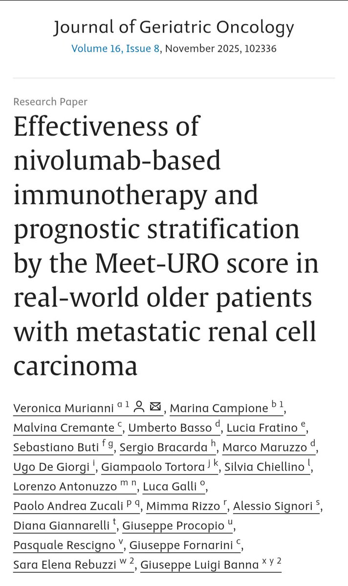 New real-world evidence for older #mRCC patients! We explored the effectiveness of nivolumab-based #immunotherapy and how the MeetURO score can refine prognosis, supporting treatment decisions.

Full article here: sciencedirect.com/science/articl… 

#CancerResearch #oncology #Genitourinary