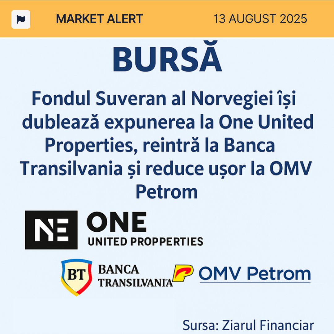 🇳🇴 Fondul Suveran al Norvegiei dublează expunerea la One United Properties (1,76%), revine la Banca Transilvania și reduce ușor la OMV Petrom. #BVB #Investitii
Sursa: ZF