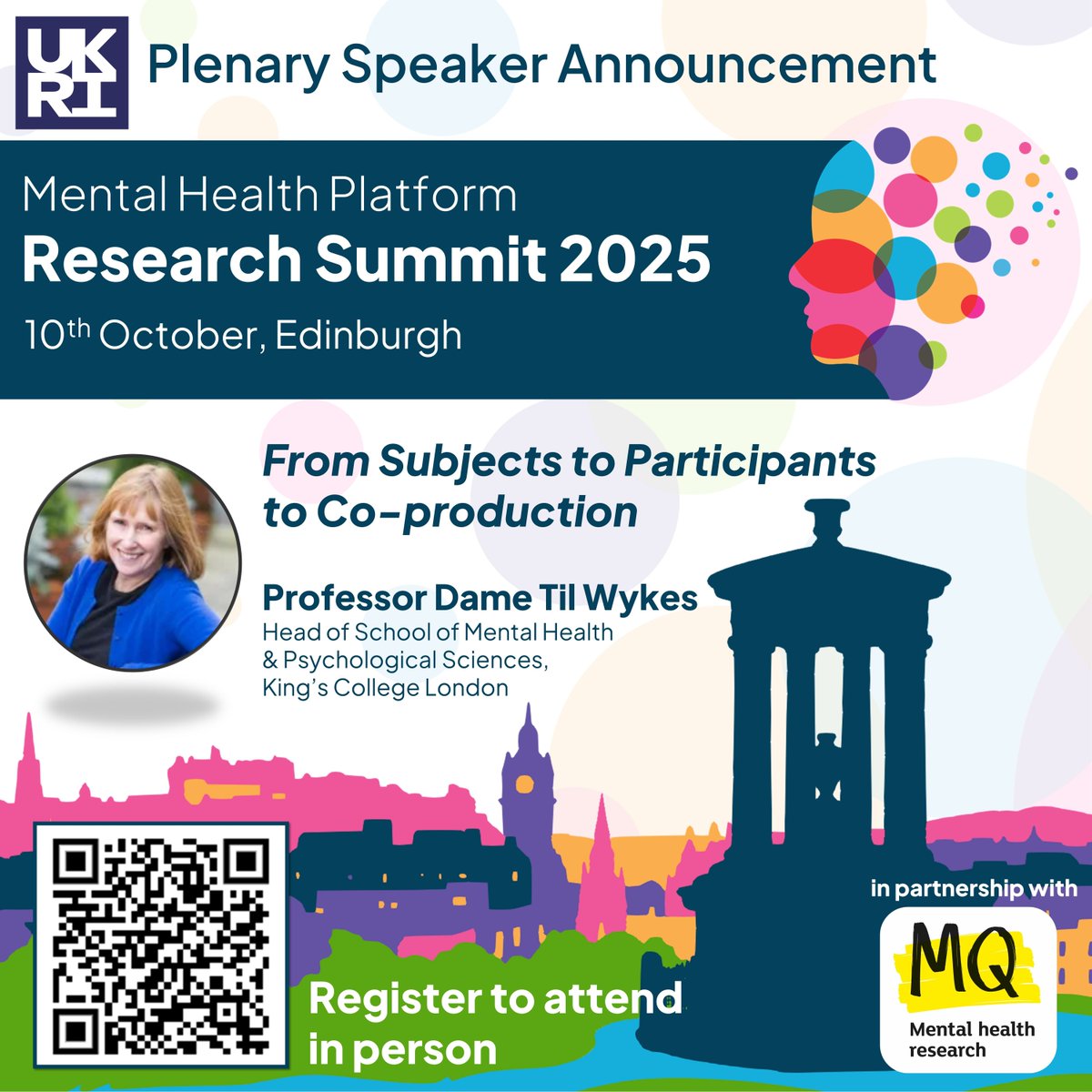 Plenary announced! Prof Dame Til Wykes (KCL) will speak at #MHPSummit2025: 

"From Subjects to Participants to Co-production."

🗓️ 10 Oct | Edinburgh.

Abstracts close 28 Aug – submit &amp; register: rebrand.ly/research-summi…