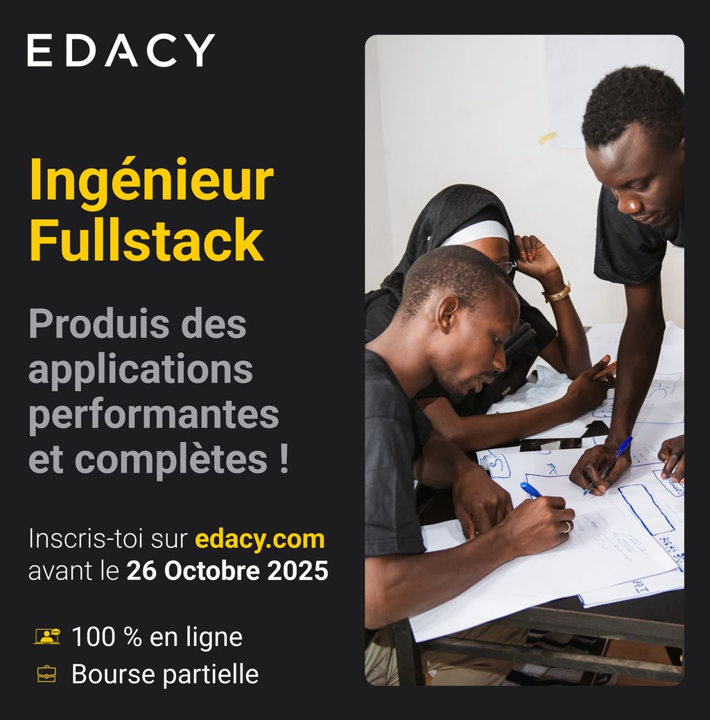 EDACYHQ's tweet photo. De l'idée à l'application complète. 🔥
Devenez Ingénieur Fullstack !
Notre programme vous apprend à maîtriser frontend, backend et bases de données pour créer des produits performants de A à Z.

Formation 100% en ligne pour les bâtisseurs du web en 🇸🇳🇨🇮🇧🇯🇹🇬. Bourses disponibles ! https://t.co/Vj3lUw9gPZ
