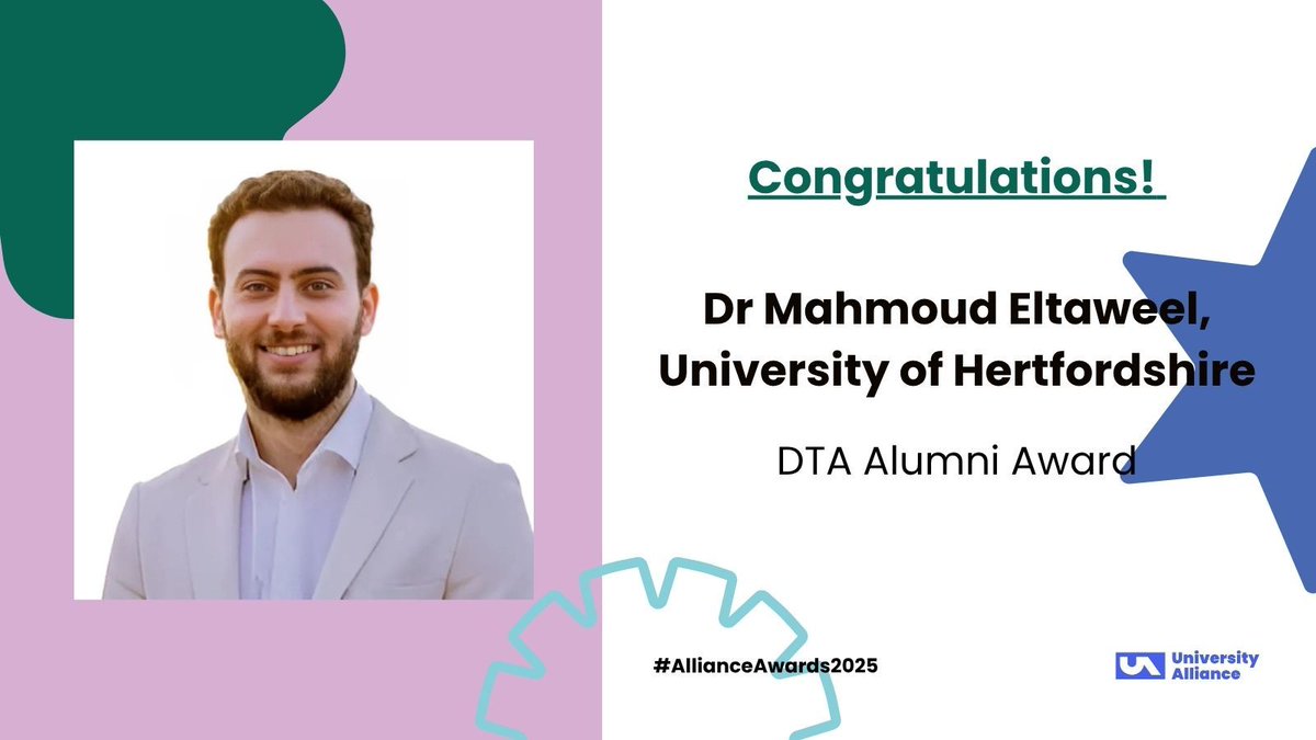 University Alliance (@unialliance) on Twitter photo Congratulations to Dr Mahmoud Eltaweel (<a href="/UniofHerts/">University of Hertfordshire</a>) for being nominated for the DTA Alumni Award at #AllianceAwards2025.
His research in energy storage and renewables supports innovation in sustainable engineering.
๐ buff.ly/AQ04NvN Congratulations to Dr Mahmoud Eltaweel (<a href="/UniofHerts/">University of Hertfordshire</a>) for being nominated for the DTA Alumni Award at #AllianceAwards2025.
His research in energy storage and renewables supports innovation in sustainable engineering.
๐ buff.ly/AQ04NvN