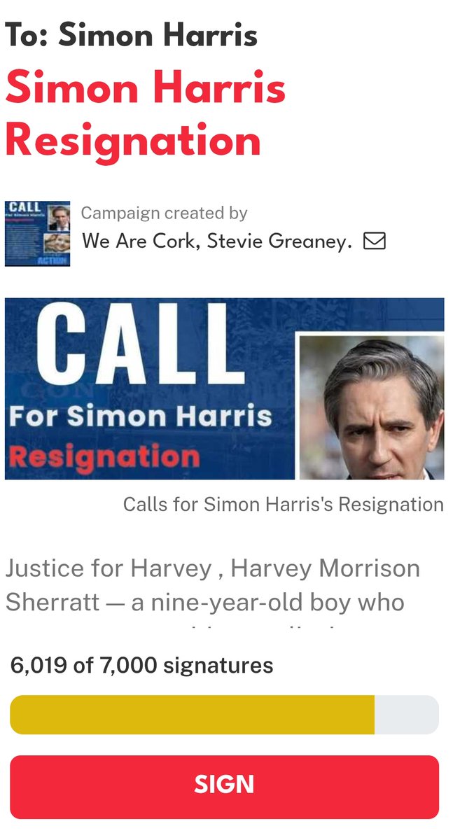 caulmick's tweet photo. Petition Calling for the resignation of Simon Harris

⬆️Over 6,000 signatures now

Keep signing and sharing 👇

#JusticeforHarvey #ResignHarris 

https://t.co/23WXH4IZit https://t.co/xakmvtkhKH