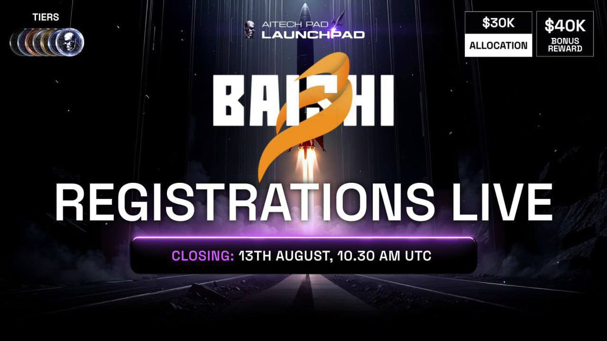 Final Call, under 3 hours left to join the <a href="/playbaishi/">BAISHI</a> sale on AITECH Pad!
• 26% off the listing price
• 100% unlocked at TGE
• Built on Base Network
💰 Bonus: $40K in rewards for participants.
🔗 Register now: aitechpad.io/project/baishi…