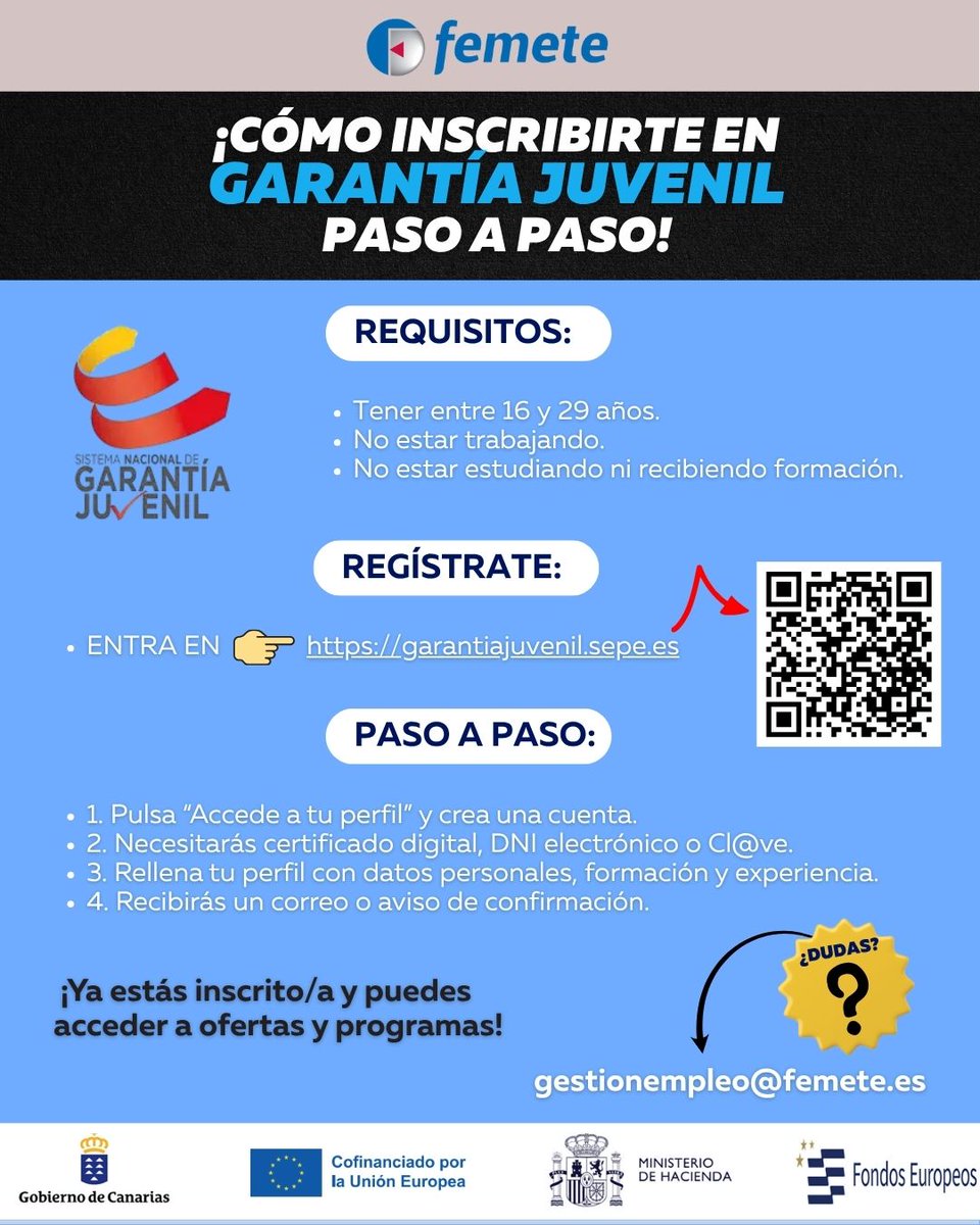 🅵🅴🅼🅴🆃🅴 (@femete) on Twitter photo 🎯 ¿Tienes entre 16 y 29 años? ¡Inscríbete en Garantía Juvenil!
✅ Accede a ofertas de empleo y formación
💻 Entra en garantiajuvenil.sepe.es
📩 ¿Dudas? Escribe a: gestionempleo@femete.es
🗂️ Informa #MetalEmplea, proyecto que subvenciona <a href="/JuventudCanaria/">JuventudCanaria.com</a> y cofinancia el FSE Plus. 🎯 ¿Tienes entre 16 y 29 años? ¡Inscríbete en Garantía Juvenil!
✅ Accede a ofertas de empleo y formación
💻 Entra en garantiajuvenil.sepe.es
📩 ¿Dudas? Escribe a: gestionempleo@femete.es
🗂️ Informa #MetalEmplea, proyecto que subvenciona <a href="/JuventudCanaria/">JuventudCanaria.com</a> y cofinancia el FSE Plus.