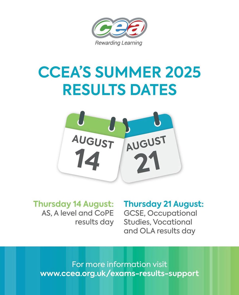 CCEA’s summer 2025 results dates!
🗓️Aug 14th &amp; Aug 21st
Don’t forget to check CCEA’s website for more information! And good luck to all getting results!

#phoenixeducationcentreni #CCEA #results2025 #resultsday