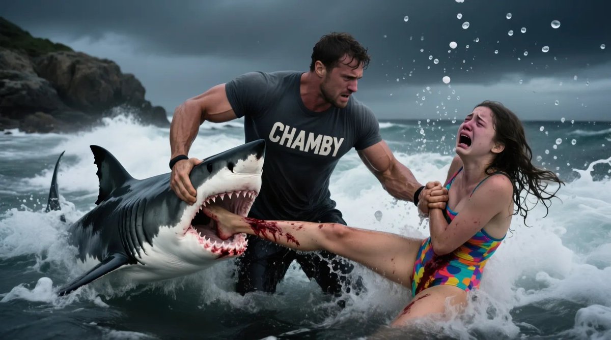 Chamby_Chuck's tweet photo. #Chamby saves a working class woman on paid leave from the teeth of the shark of capitalism!
#QwenImage https://t.co/zLZMksCKyz