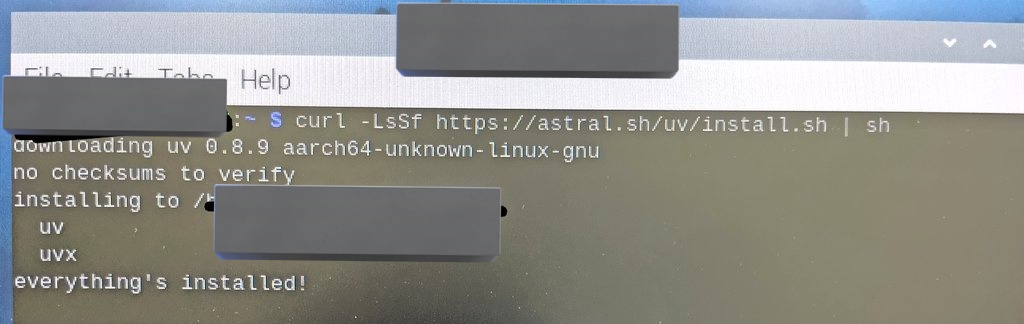 ptcjapan's tweet image. Pythonのパッケージ管理ツール「uv」のインストールに成功しました！うれしい🙌
なかなかインストールできなくて調べたらネットワークに繋がってなかったことが判明😇
numpyも追加したかったのですが、インストールできず…次回がんばります😭
#RaspberryPi
#RaspberryPi初心者 
#Python初心者