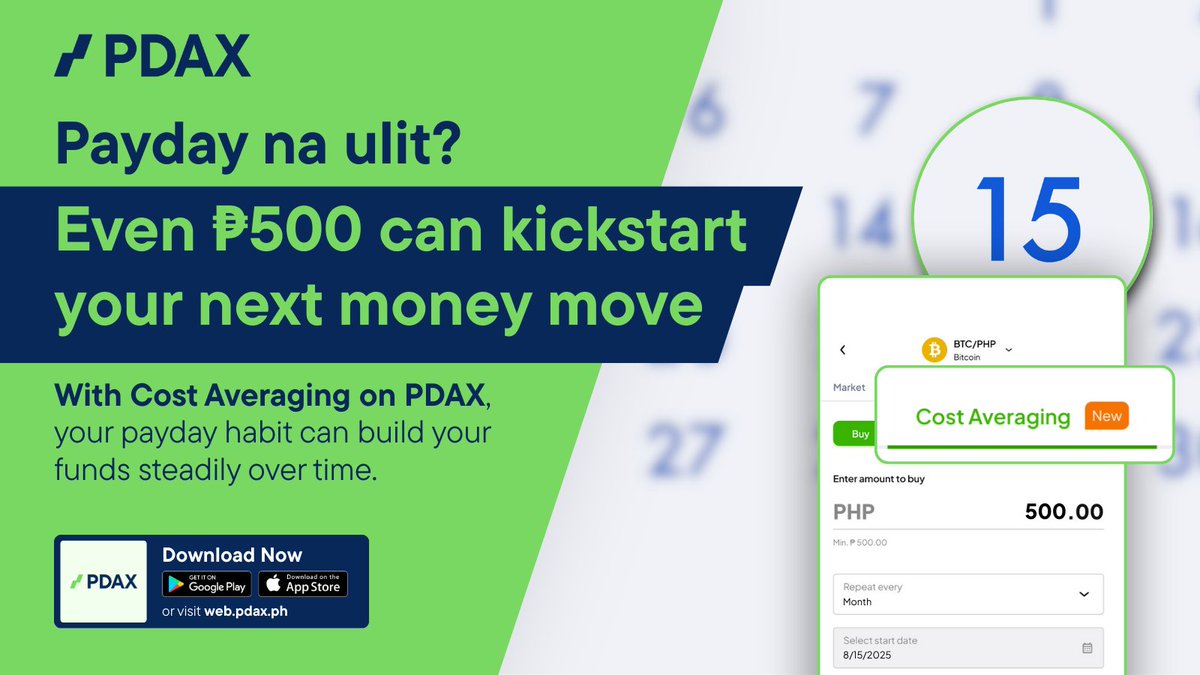 Even ₱500 can kickstart your next money move. 💸 With Cost Averaging on  PDAX, your payday habit can help you build funds over time. Just set it up  on the PDAX app