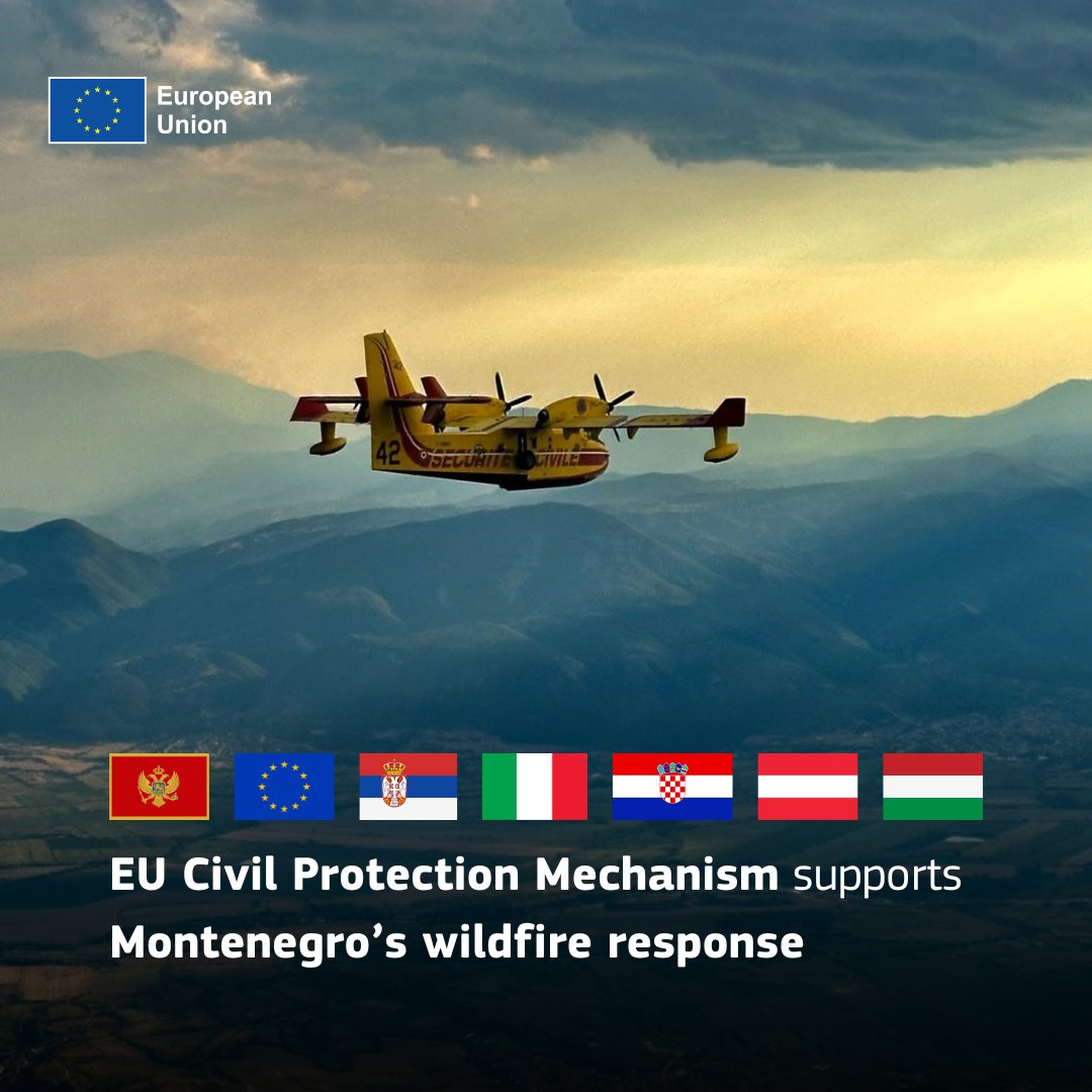 Relentless flames keep burning around Montenegro’s capital.

We have mobilised emergency assistance to Montenegro via its #EUCivilProtection Mechanism:

🔹#rescEU firefighting planes from 🇭🇷 and 🇮🇹
🔹helicopters from 🇷🇸 and 🇭🇺
🔹forest firefighting team from 🇦🇹.

#EUSolidarity