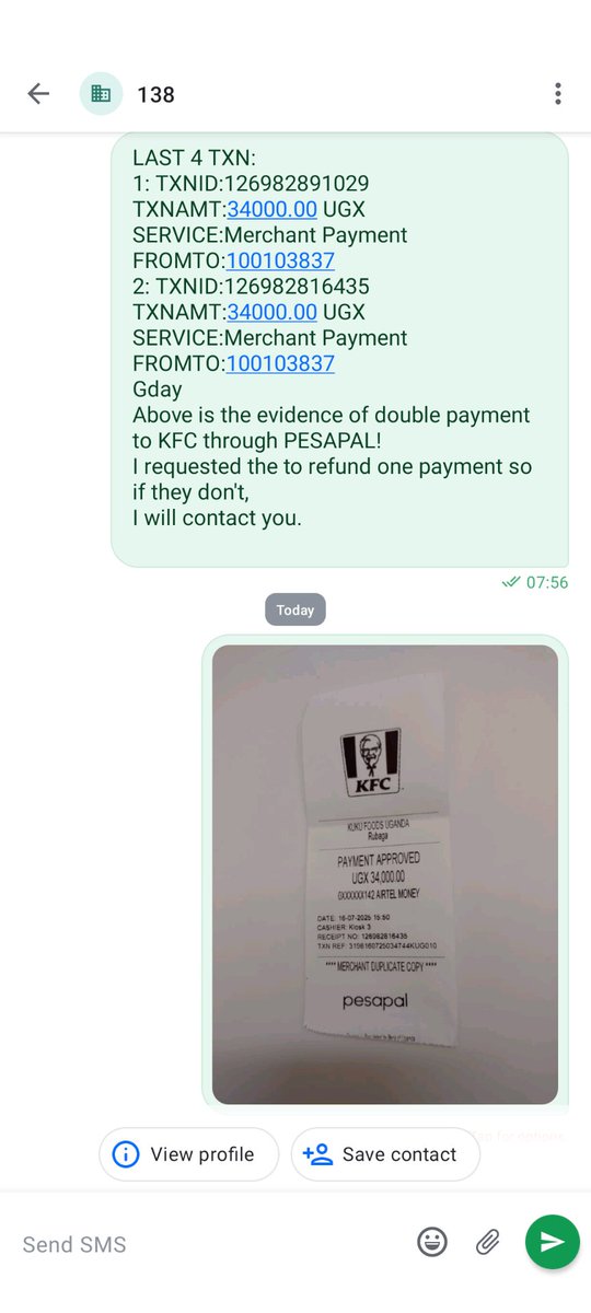 samson_kaddu's tweet photo. @KFCinUganda Dear KFC Rubaga Road,
34,0000 is a small amount but it needs to be sent back to my account.
Please send it to my Airtel line as I have been requesting for a month now since the 8th of July!
Thanks https://t.co/iEi2wPSNoc