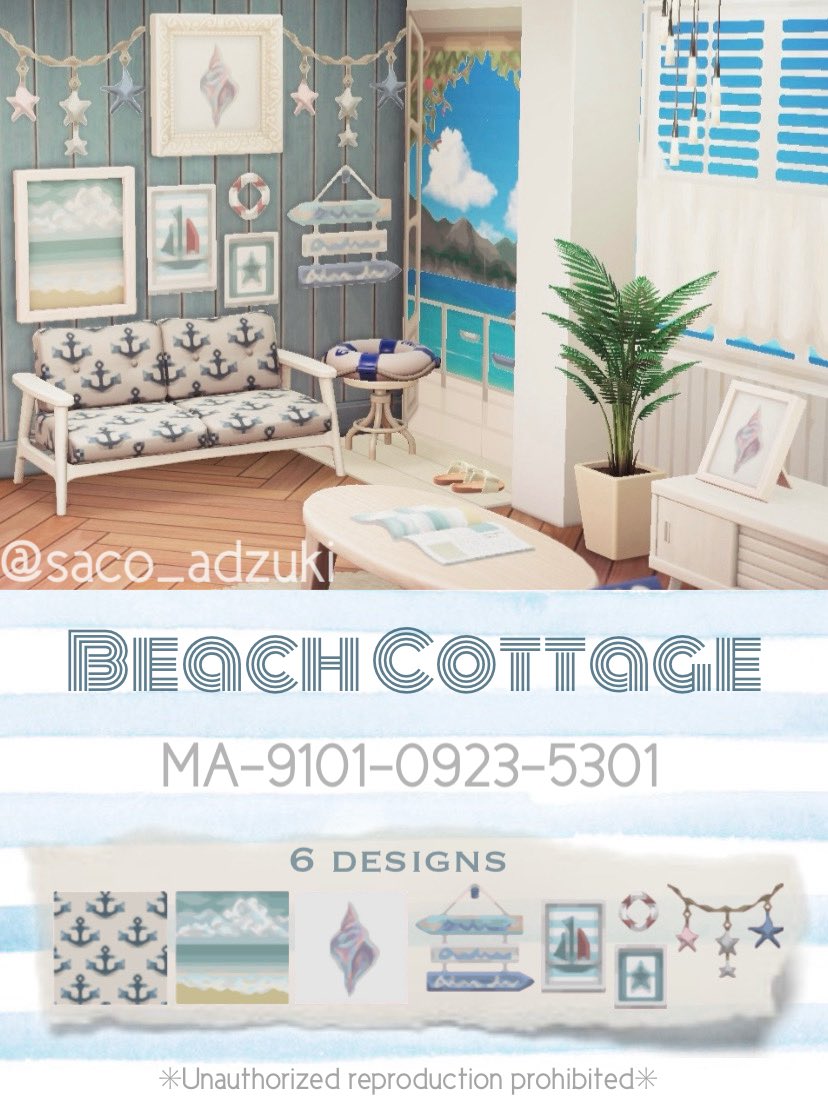 ［マイデザイン配布］

⚓️Beach Cottage⚓️
✳︎錨柄のパターン
✳︎浜辺の絵画
✳︎貝殻の絵画
✳︎ビーチサイン
✳︎小さな壁飾り（ﾖｯﾄ•ｳｷﾜ•ﾋﾄﾃﾞ）
✳︎ヒトデのガーランド

#あつ森 #あつ森写真部
#マイデザイン #マイデザイン配布
#acnhdesign #ACNH
#AnimalCrossing
