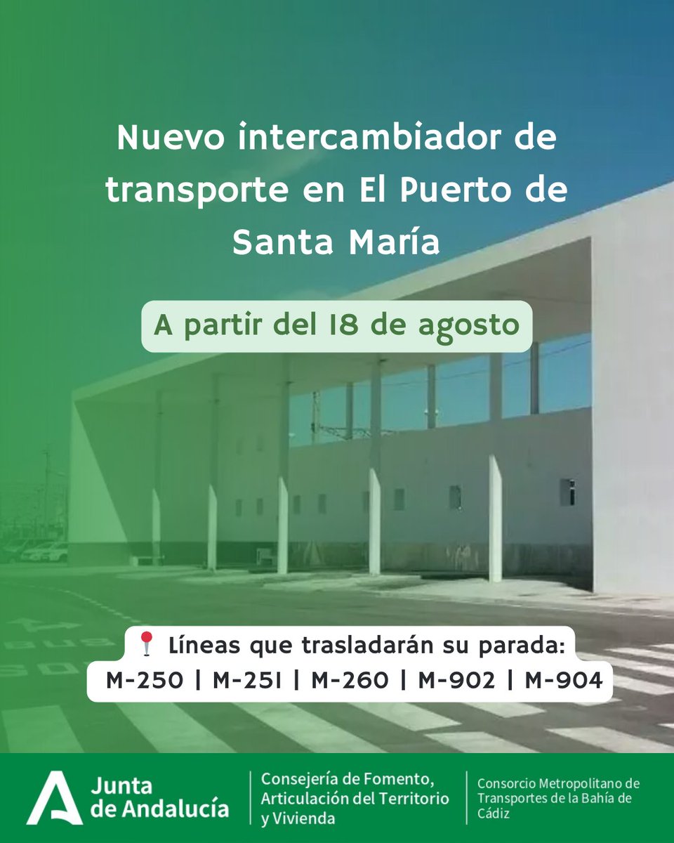 🚍 Nuevo intercambiador de transporte en El Puerto de Santa María

📅 18 de agosto 

📍 Líneas: M-250 | M-251 | M-260 | M-902 | M-904

ℹ El resto de líneas metropolitanas mantendrán sus paradas habituales en el municipio.

➕info: cmtbc.es

#CMTBCádiz