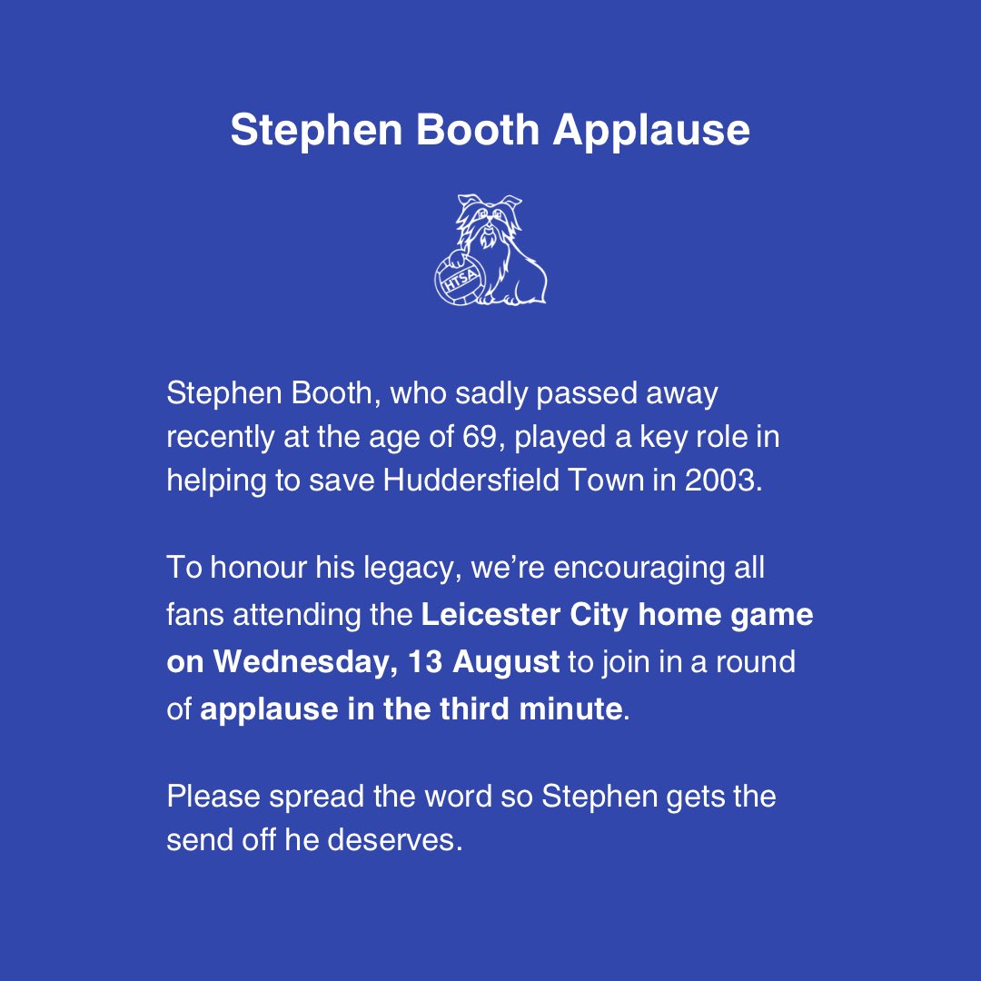 A reminder to spread the word.

In answer to a couple of questions:

✅ Start when the clock hits 03:00
✅ The third minute was chosen to mark 2003, when Stephen helped save the club

#htafc