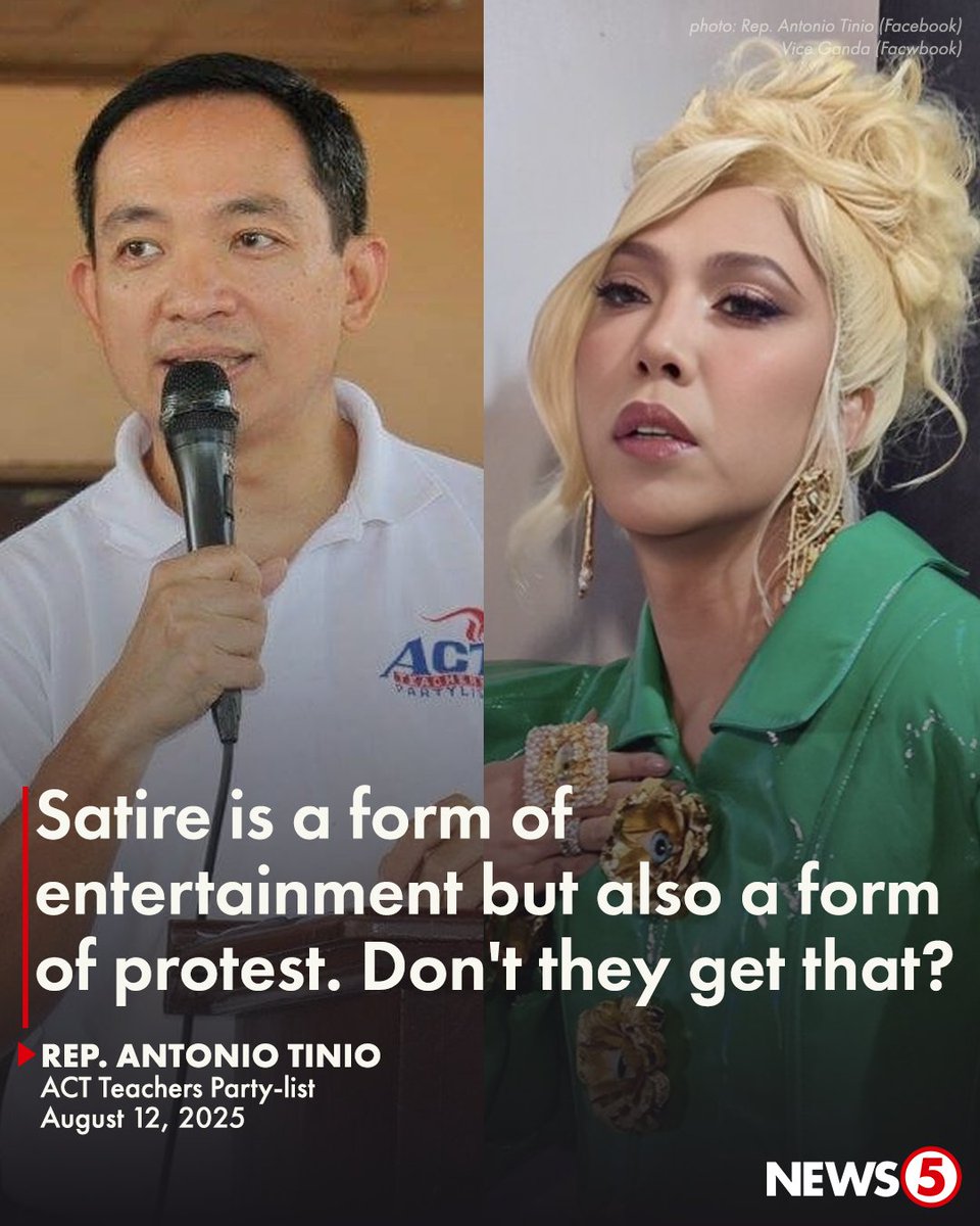 News5PH's tweet photo. 'ANG HIRAP KASI SA MGA DUTERTE AT MGA SUPPORTER NILA AY MGA PIKON'

Dinepensahan ni ACT Teachers Rep. Antonio Tinio ang comedian-host na si Vice Ganda kasunod ng kaniyang "jet ski holiday" skit patungkol kay dating pangulong Rodrigo Duterte.

"The same people who defended Duterte's death threats against journalists, his misogynistic remarks, and his violent language are now crying foul over a comedian's satirical skit," saad ni Tinio.

"Kapag sila ang nagmumura, nananakot o nanindak, hyperbole daw o joke lang pero kapag sa kanila ginawa ay bumubula ang bibig," aniya. I via Marianne Enriquez