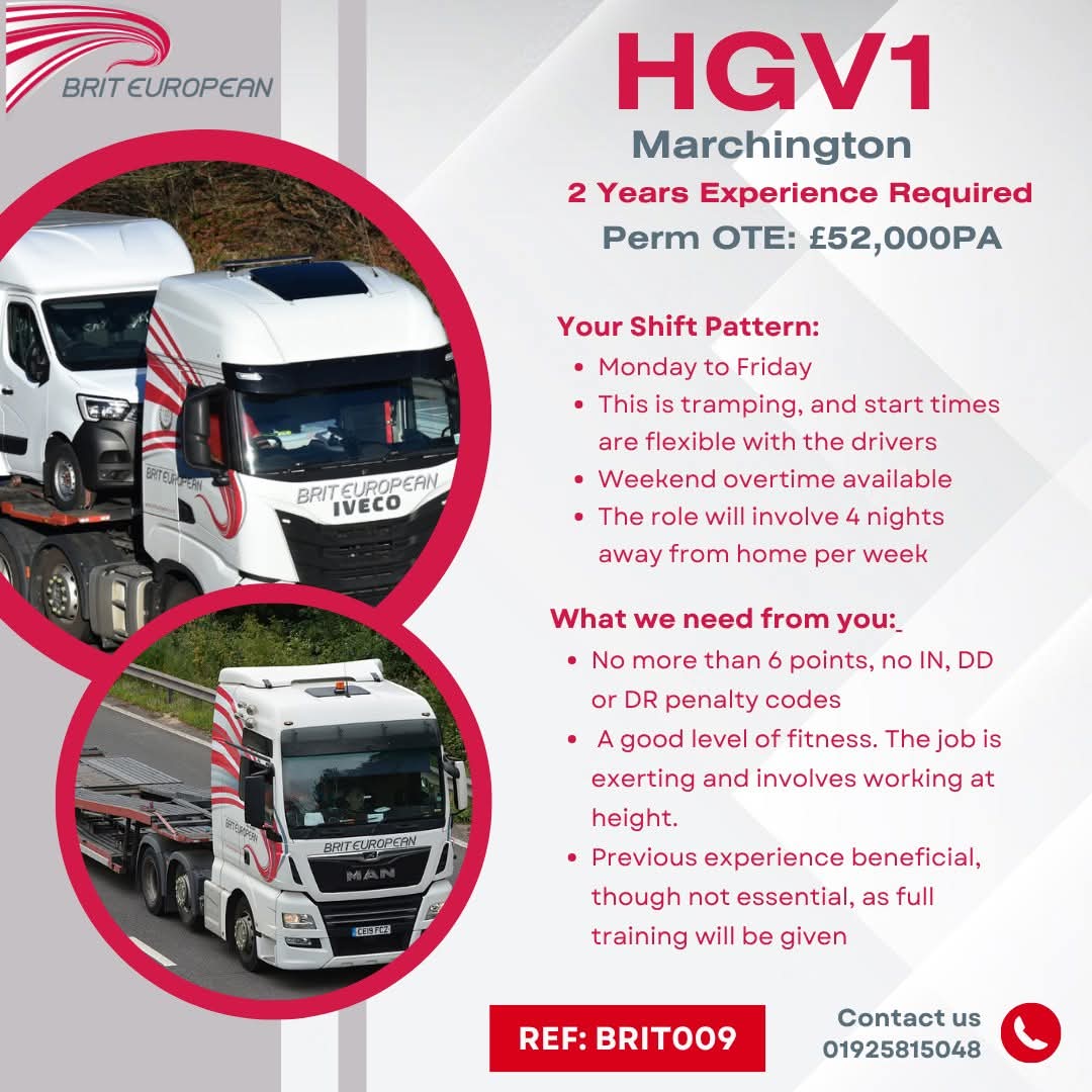 Join our team in Marchington as an HGV1 Driver. If you have experience and a strong commitment to safety and reliability, we want to hear from you.
#Recruitment #HGV1 #Marchington