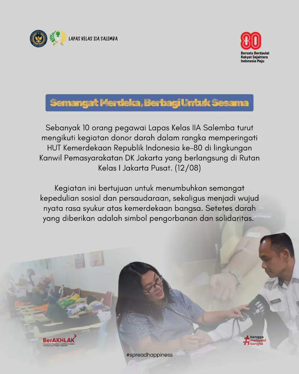 Semangat kemerdekaan bukan hanya tentang mengenang sejarah, tetapi juga bagaimana kita terus memberikan kontribusi positif bagi sesama.

Terima kasih kepada teman-teman pegawai yang udah ikutan kegiatan donor darah ini.

Kalian keren! 🫰😎