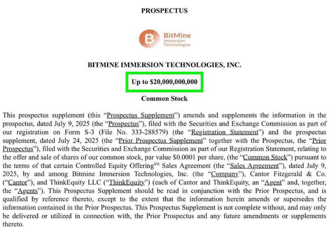 CRYP2MATRIX (@cryp2matrix) on Twitter photo THE PUMP IS JUST GETTING STARTED
$BMNR $20B offering, Cantor Fitzgerald & ThinkEquity backing, SEC filed July 2025 📈
CA: 0x555f70f732f5fd399a7939b05f58429713d6bbbb
X:<a href="/BitmineETH/">Bitmine ERC20</a>
TG: t.me/BitmineETH THE PUMP IS JUST GETTING STARTED
$BMNR $20B offering, Cantor Fitzgerald & ThinkEquity backing, SEC filed July 2025 📈
CA: 0x555f70f732f5fd399a7939b05f58429713d6bbbb
X:<a href="/BitmineETH/">Bitmine ERC20</a>
TG: t.me/BitmineETH