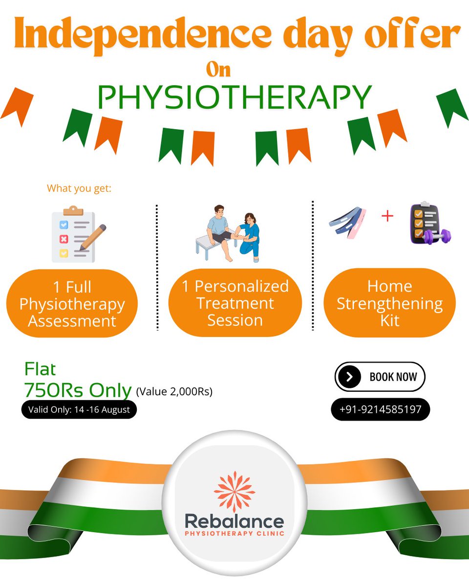 sunil_doi60532's tweet photo. 🇮🇳 Celebrate Independence Day With Freedom From Pain! 🇮🇳
📍 Rebalance Physiotherapy Clinic
69, Bajaj nagar enclave, Jaipur, Raj.
📞 Call/WhatsApp: +91-9214585197
Don’t miss this chance to start your journey towards a pain-free, active life.
➡ Tap BOOK NOW https://t.co/fxVAZBJ1ni