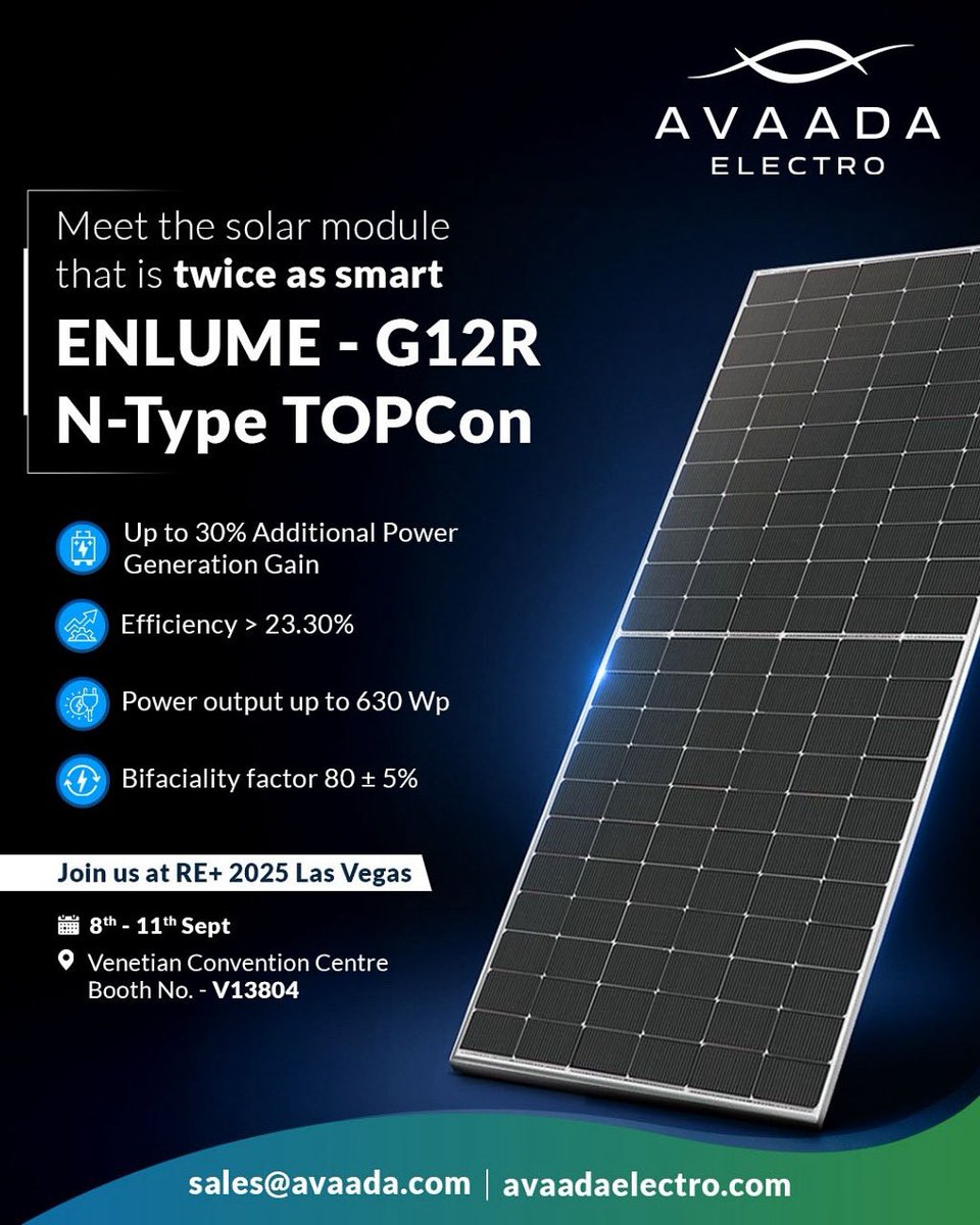 Avaada Electro (@avaadaelectro) on Twitter photo We are bringing this innovation and more, to the RE+ Exhibition, Las Vegas. Let’s explore how the G12R solar module can power your next project.
Write to us at sales@avaada.com to connect. We are bringing this innovation and more, to the RE+ Exhibition, Las Vegas. Let’s explore how the G12R solar module can power your next project.
Write to us at sales@avaada.com to connect.