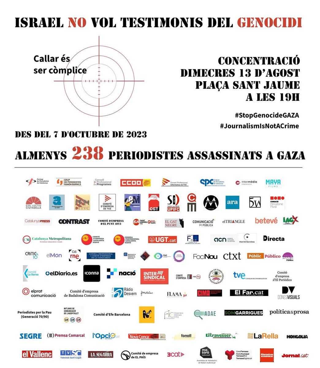 Montse Armengou (@montsearmengou) on Twitter photo Avui totes a la concentració. Si ets periodista perquè ens maten. Si no, perquè maten la veritat i la informació. No paren d’arribar adhesions! #StopGenocideGAZA #JournalismIsNotACrime <a href="/Palestina_cat/">Comunitat Palestina Catalunya</a> Avui totes a la concentració. Si ets periodista perquè ens maten. Si no, perquè maten la veritat i la informació. No paren d’arribar adhesions! #StopGenocideGAZA #JournalismIsNotACrime <a href="/Palestina_cat/">Comunitat Palestina Catalunya</a>