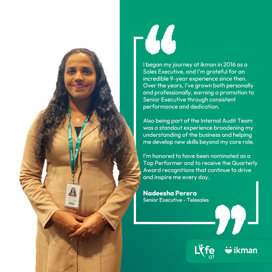 Ikman_lk's tweet photo. Nadeesha, our dedicated Senior Executive in Telesales, has been part of ikman’s journey for over 9 years .
From starting as a Sales Executive to earning top performer awards, she’s embraced every challenge with passion and commitment🌟
  
#LifeAtikman #ikman #Teamikman https://t.co/awcsFTLuoR