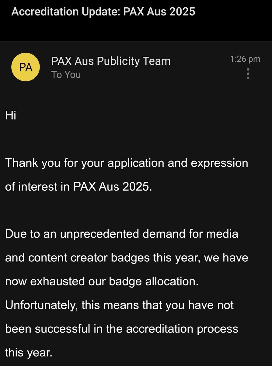 PAX Aus denying me from getting a creator pass two years in a row is so annoying man 😭 idk what criteria i need to meet as a creator to get into this event but its a real bummer getting denied twice now