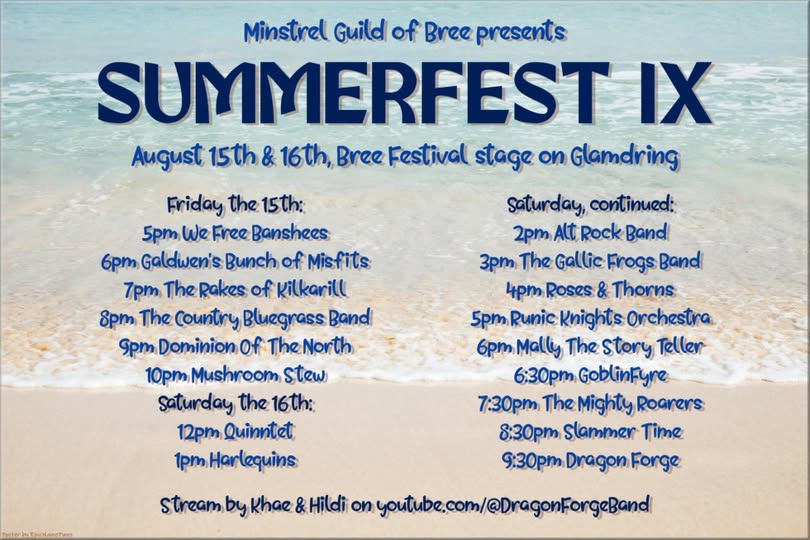 Summerfest IX is happening this weekend on Glamdring.  This is a two-day festival starting August 15th and continuing on August 16th.  It's going to be an amazing show.  Hope to see y'all there. <a href="/lotro/">LOTRO</a> <a href="/lotrofamily/">LOTRO Family</a>