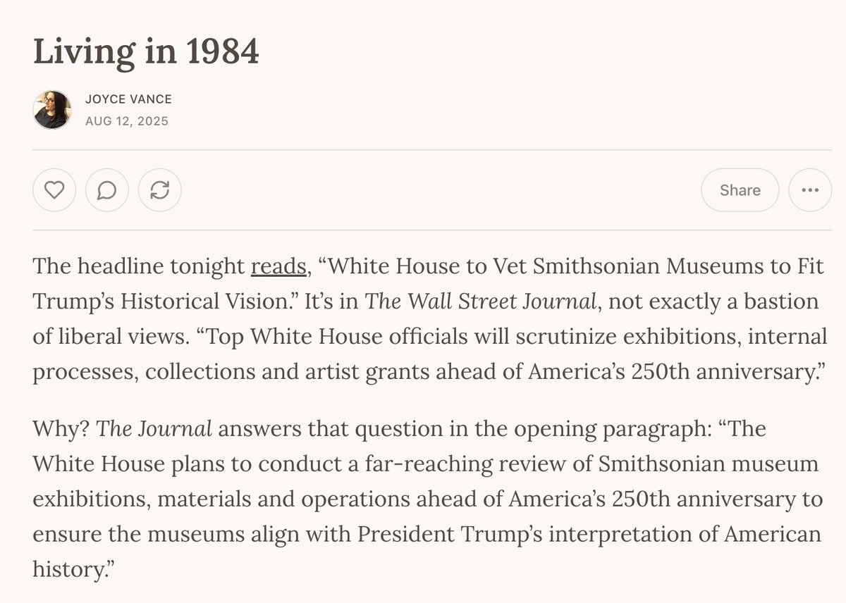 Donald Trump wants to rewrite how our museums tell the stories of American history. open.substack.com/pub/joycevance…