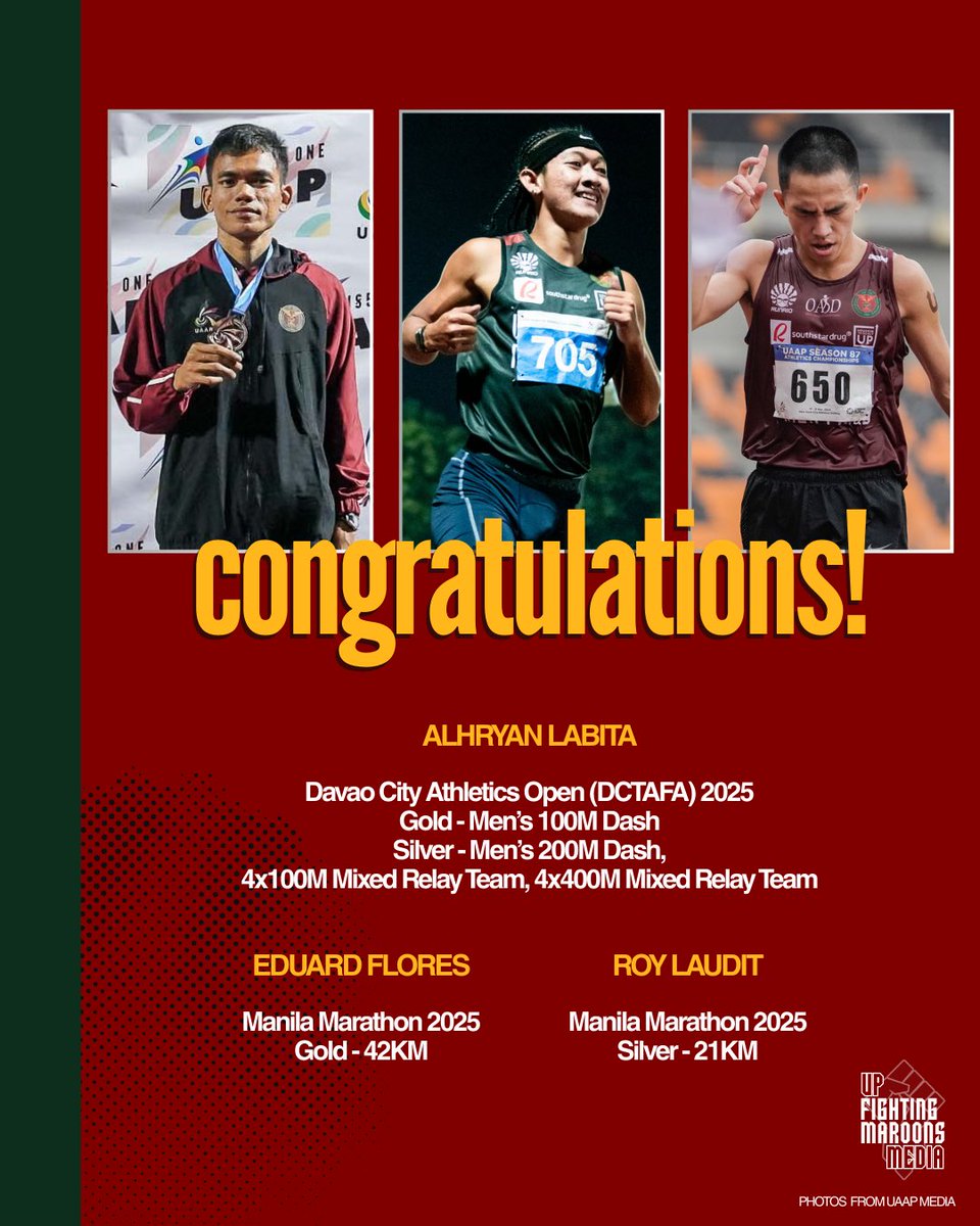upfmmedia's tweet photo. ROAD RUNNERS 💨

Congratulations to these @UPTFT athletes who sprinted their way to victory over the weekend! 🥇🥈

#UPFight #UPTFT #WinnerWednesday #DCTAFA2025 #ManilaMarathon2025 https://t.co/vS1dL6QqDu
