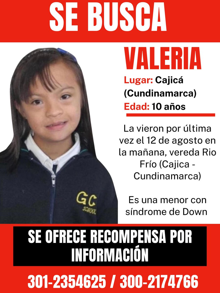 EymiYesCanaria's tweet photo. @alcajica @piedrahitangela @MONYRODRIGUEZOF @DanielSamperO @laurarubiogu 
En Cajicá (Cundinamarca), se mantiene la búsqueda de Valeria Afanador, una niña de 10 años, con condición de Síndrome de Down, reportada como desaparecida hoy martes 12 de agosto del 2025. https://t.co/YHH7Jz4YUs