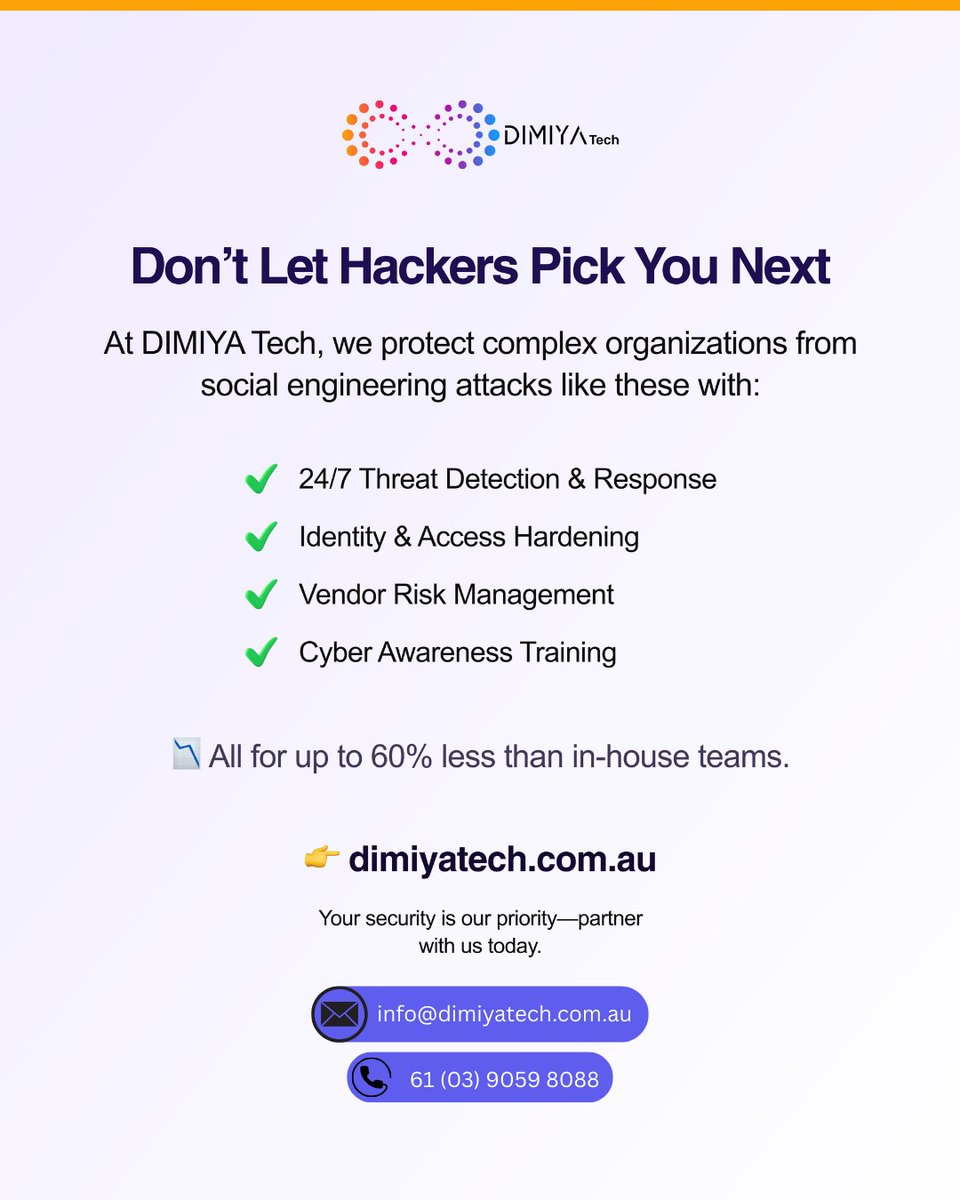 DimiyaTech's tweet photo. Qantas Cyber Attack Exposes 6 Million Customer Records! 

Don’t wait until it’s too late — protect your business now.

At DIMIYA Tech, we provide:

✅ 24/7 Threat Detection
✅ Strong Identity &amp; Access Controls
✅ Employee Cyber Awareness Training

#CyberSecurity #DataProtection https://t.co/zsPdkr5U92