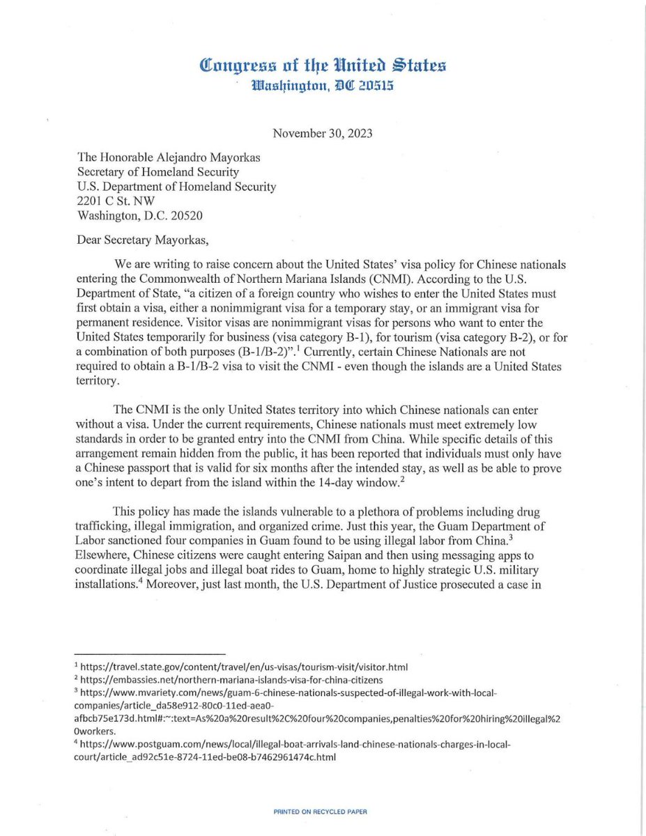 CleoPaskal's tweet photo. This is the November 2023 letter to @DHSgov mentioned by @nataliegwinters - signed @SecRubio @MikeWaltz47 @SenJoniErnst @DrNealDunnFL2 @RepMoolenaar @RepEzell @RepHageman &amp; dozens more to "strongly urge" Chinese should need visas for "the safety of the homeland".
@Jim_Jordan https://t.co/yAh4hLEEo6
