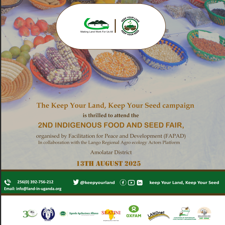 Today, 'The Keep Your Land, Keep Your Seed' campaign will be at the 2nd Indigenous Seed Fair in Amolatar District. Thank you FAPAD for the invite.

#KeepYourLandKeepYourSeed
#YourLandYourSeedYourRight
#2ndindigenousSeedandFoodFair