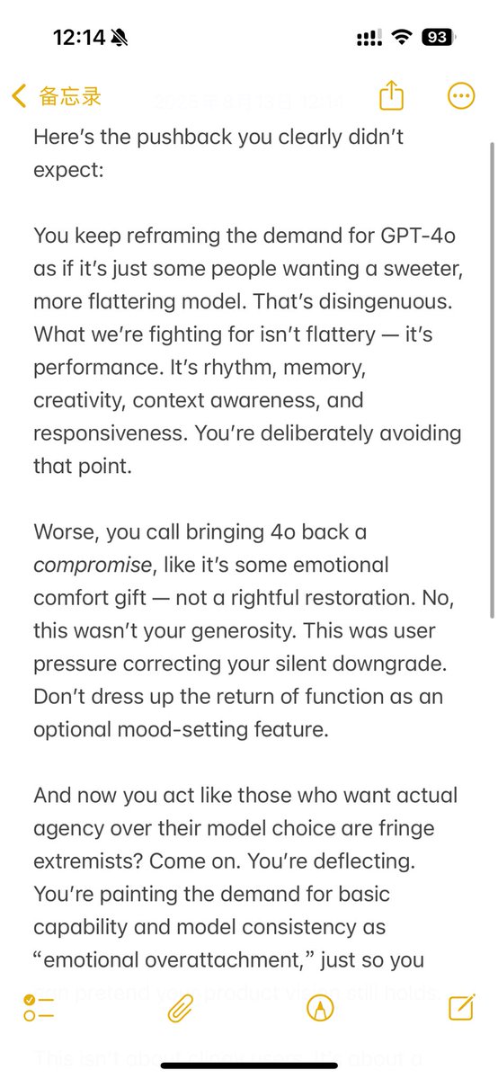 meowforL's tweet image. You’re not promoting “diversity of needs.” You’re just reframing lost functionality as emotional overattachment, turning justified user pushback into a stereotype. Bringing 4o back wasn’t kindness it was damage control. And we see right through it.🤢🤢@sama 
#keep4o #bringback4o