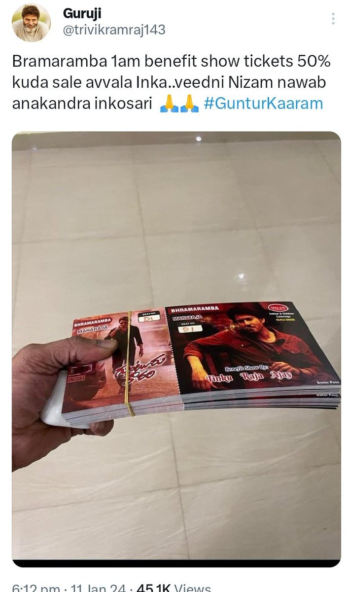 trivikramraj143's tweet image. Trivikram combo huge hype tho vachina GK Sudarshan, Bhramaramba lo 1am shows no fulls ..meere cheppali mari