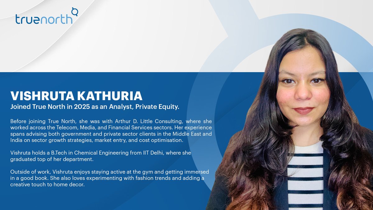 We are pleased to welcome Vishruta Kathuria at True North as an Analyst

Happy to have you on board!

#Appointment #PrivateEquity #BuildingBusiness