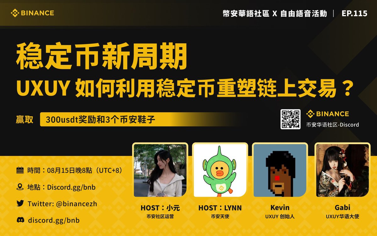 小元 (@xiaoyuanbinance) on Twitter photo 「Discord自由语音」本周五晚八点,稳定币话题来袭!
本期特邀 UXUY 创始人<a href="/uxuykevin/">0xKevin | UXUY</a>、UXUY 华语大使 <a href="/Gabrysia_eth/">Gabi ₌᳐・֊・₌᳐ ੭</a> 做客直播间🙋
👩🏻🏫主持人:<a href="/xiaoyuanbinance/">小元</a>
<a href="/ahachia097040/">Lynn呀 🐡</a>
转发加艾特三位好友并进入语音频道,discord.gg/bnb 抽两个币安枕~
评论区留问题抽5位获得20U奖励⬇️ 「Discord自由语音」本周五晚八点,稳定币话题来袭!
本期特邀 UXUY 创始人<a href="/uxuykevin/">0xKevin | UXUY</a>、UXUY 华语大使 <a href="/Gabrysia_eth/">Gabi ₌᳐・֊・₌᳐ ੭</a> 做客直播间🙋
👩🏻🏫主持人:<a href="/xiaoyuanbinance/">小元</a>
<a href="/ahachia097040/">Lynn呀 🐡</a>
转发加艾特三位好友并进入语音频道,discord.gg/bnb 抽两个币安枕~
评论区留问题抽5位获得20U奖励⬇️