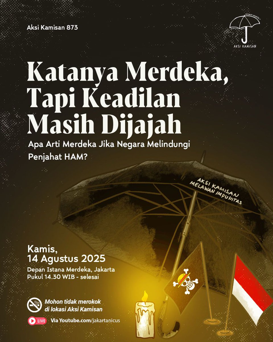 sumarsih11 (@sumarsih11) on Twitter photo Mengundang kawan2 hadir dalam <a href="/AksiKamisan/">Aksi Kamisan</a> di Jakarta.
Untuk menyambut HUT Kemerdekaan RI, ada:
*Pembacaan Kutipan Buku
*Efek Rumah Kaca
*Mural-Komikrukii & Shane Tortilla
*Teatrikal-Perpusjal
*Padus GITAKU
<a href="/dipanggilwawan/">#SayaWawan | BR Norma Irmawan</a> korban Semanggi I -13 November 1998 Mengundang kawan2 hadir dalam <a href="/AksiKamisan/">Aksi Kamisan</a> di Jakarta.
Untuk menyambut HUT Kemerdekaan RI, ada:
*Pembacaan Kutipan Buku
*Efek Rumah Kaca
*Mural-Komikrukii & Shane Tortilla
*Teatrikal-Perpusjal
*Padus GITAKU
<a href="/dipanggilwawan/">#SayaWawan | BR Norma Irmawan</a> korban Semanggi I -13 November 1998